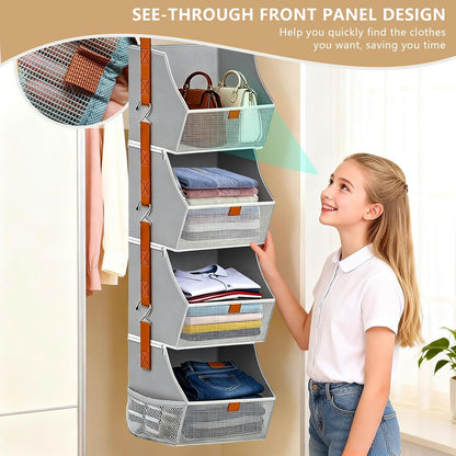 Fabric 4 Tier Hanging Closet Organizers Heavy Duty Shelf Hanging Storage Towel Clothes Sweater Jeans Bag Organizer For Closet For Bedroom,Dorm,RV,See Through Front Panel, Space-Saving (Beige-4Tier)