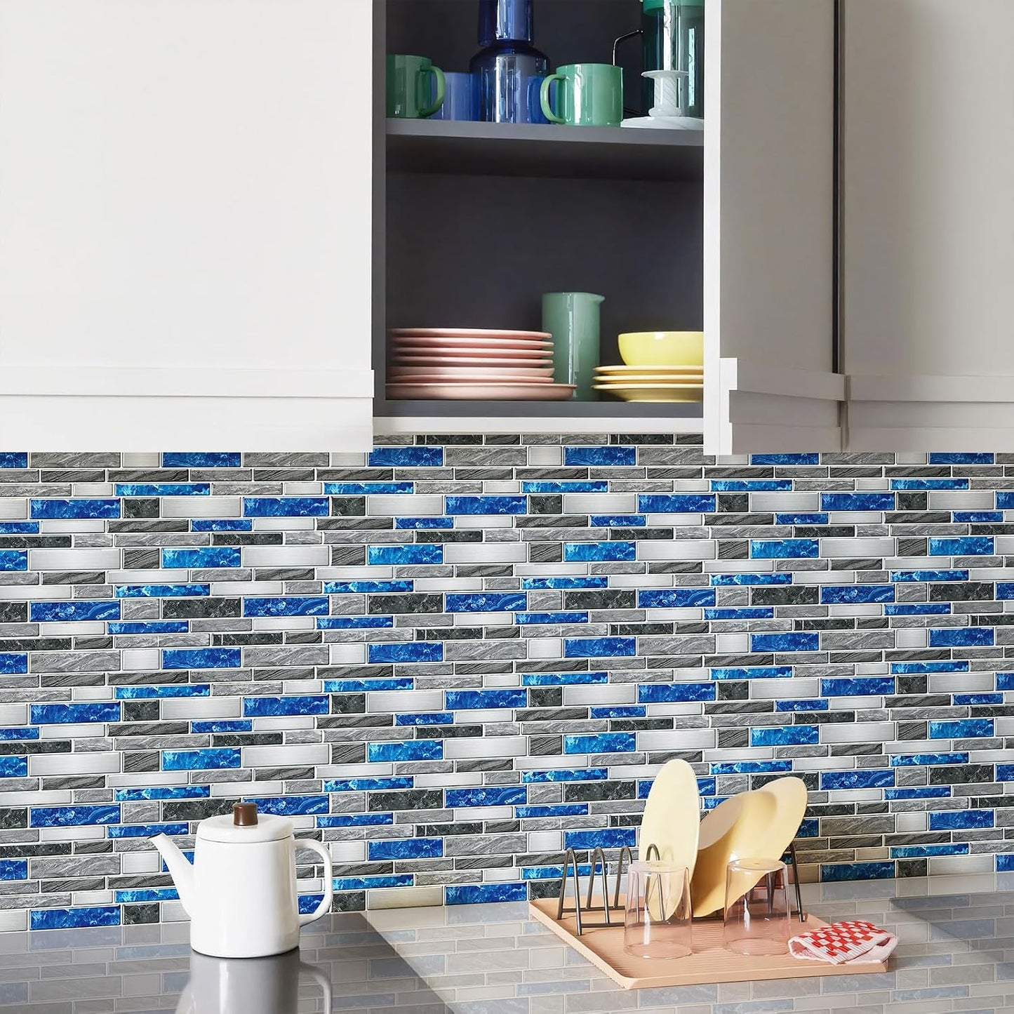 10 Sheets Peel and Stick Backsplash, Peel and Stick Tiles, Marble Look Wall Tiles Backsplash for Kitchen and Bathroom, Livingroom, 12”x12”,Blue&Grey
