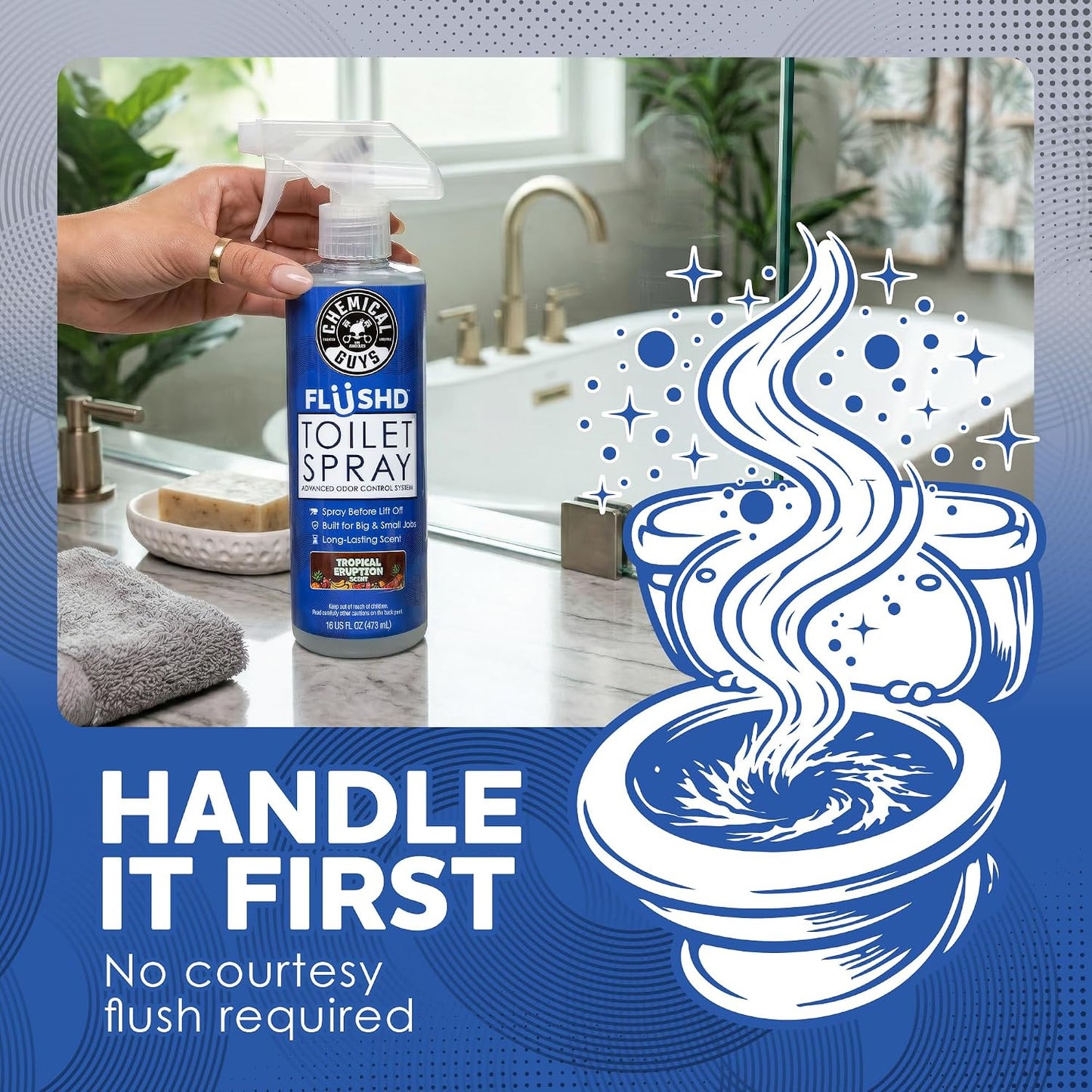 Chemical Guys Flushd, Toilet Deodorizing Spray, Bathroom Odor Eliminator and Blocker, Non-Aerosol Trigger Pump Spray, Tropical Eruption Scent, 16 Fl. Oz.
