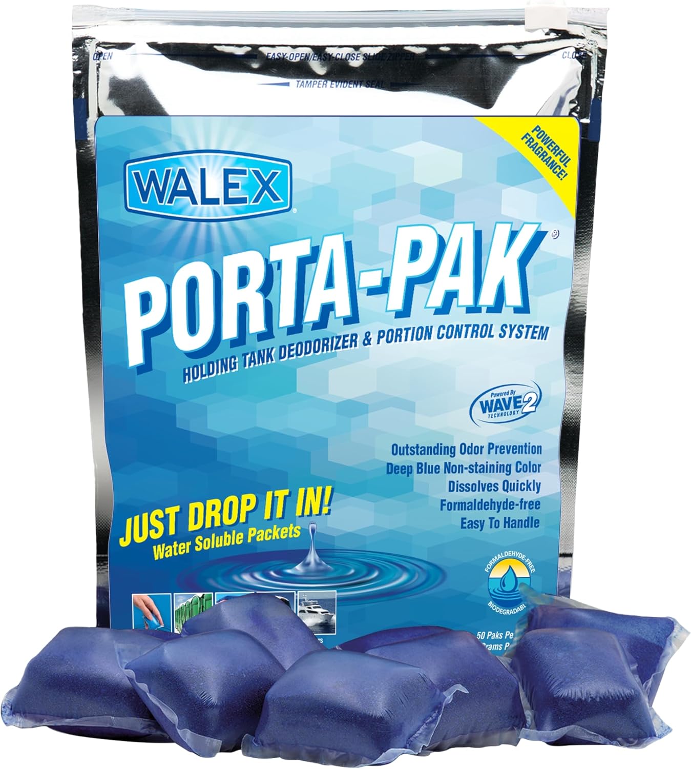 Walex Porta-Pak Black Holding Tank Deodorizer & Portion Control System Drop-Ins - Rapid Breakdown of Waste & Paper, Odor Prevention, Cleans Tank & Sensors - Lavender Breeze, 10-Pack