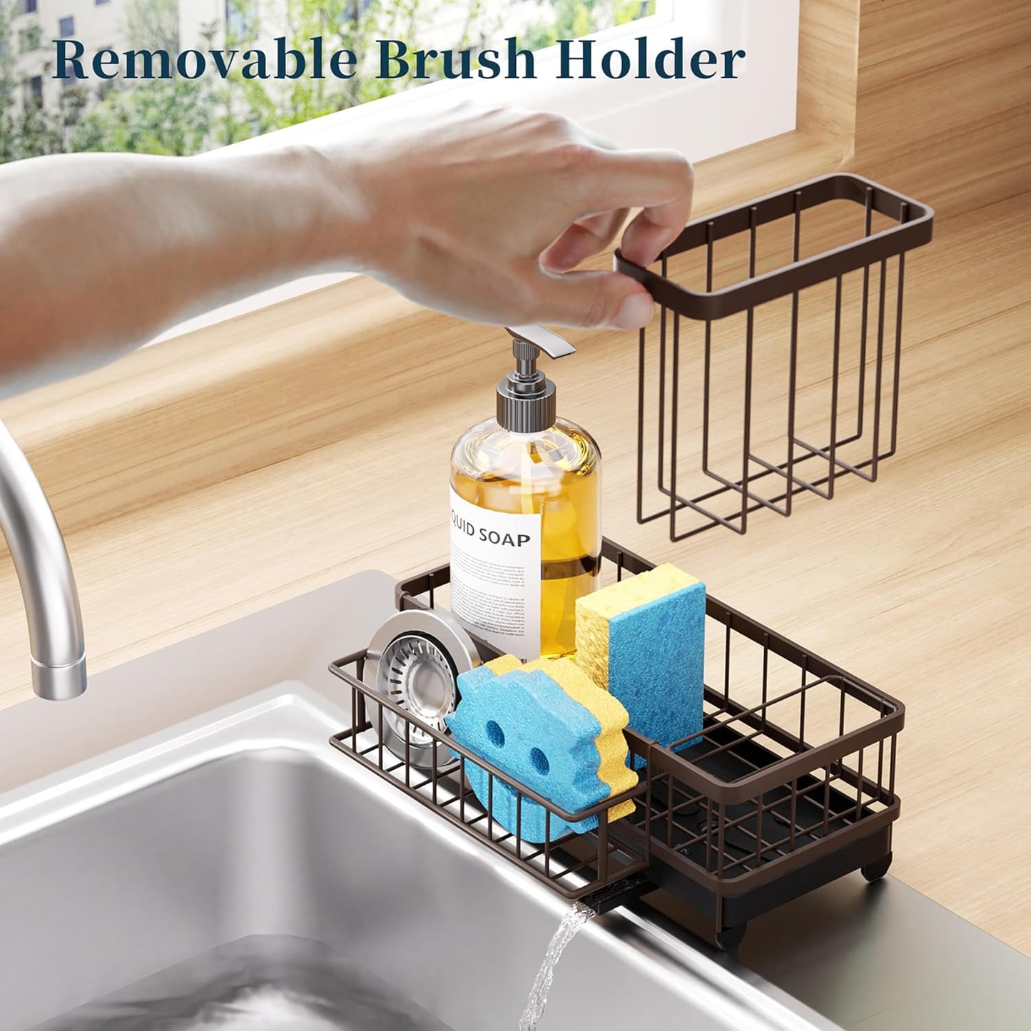 Consumest Sponge Holder for Kitchen Sink - Auto Draining Sink Caddy Organizer with Detachable Rack, High Brush Holder, Kitchen Countertop Storage Accessories, Black