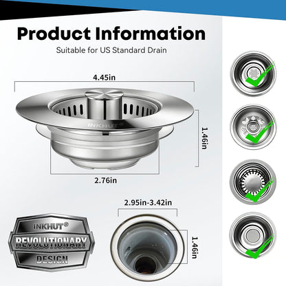 Upgraded 3 in 1 Kitchen Sink Drain Strainer - Stainless Steel Sink Stopper, Anti-Clogging Sink Food Catcher Basket, Fast Drainage Odor Filter Sink Plug for US Standard 3 1/2 inch Drain (Silver-1Pack)
