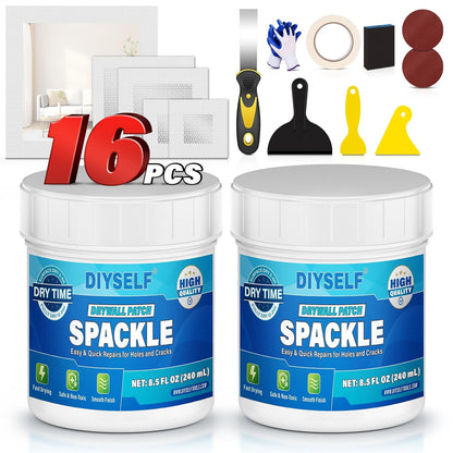 DIYSELF 9 Pack Drywall Repair Kit, Surface Repair Kit, Spackle Wall Repair, 2×100g (7oz Total) Putty, White Drywall Mud, Plaster for Holes, Cracks, Gaps, Fast-Drying Hole Filler with Scraper, Sander