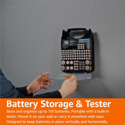 Amazon Basics Portable Battery Storage Case with Tester, Wall-Mounted Design, Carrying Handle, Holds 110 Batteries, 9.37 x 11.69 x 2.91 inches, Clear/Black