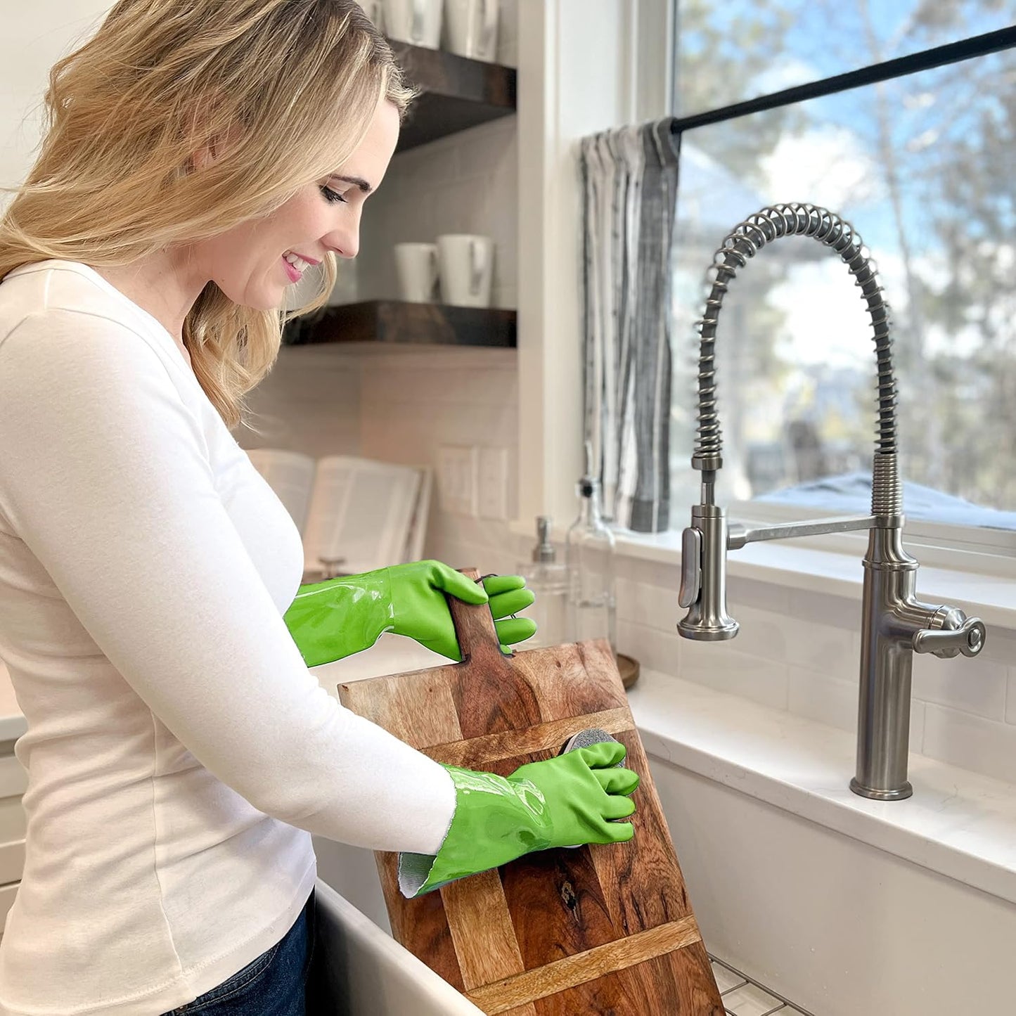 Kitchen-Star Ultimate Rubber Household PVC Gloves with Comfortable Cotton Lining, Anti-Slip surface, Kitchen Dishwashing, Extra Thickness, Kitchen Cleaning, Working, Painting, PetCare (X-Large, Green)