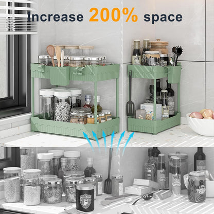 Sevenblue 2 Pack Under Sink Organizer, Under Bathroom Cabinet Organizer with Hooks Hanging Cup, Multi-Purpose Storage Shelf for Kitchen Bathroom, Black