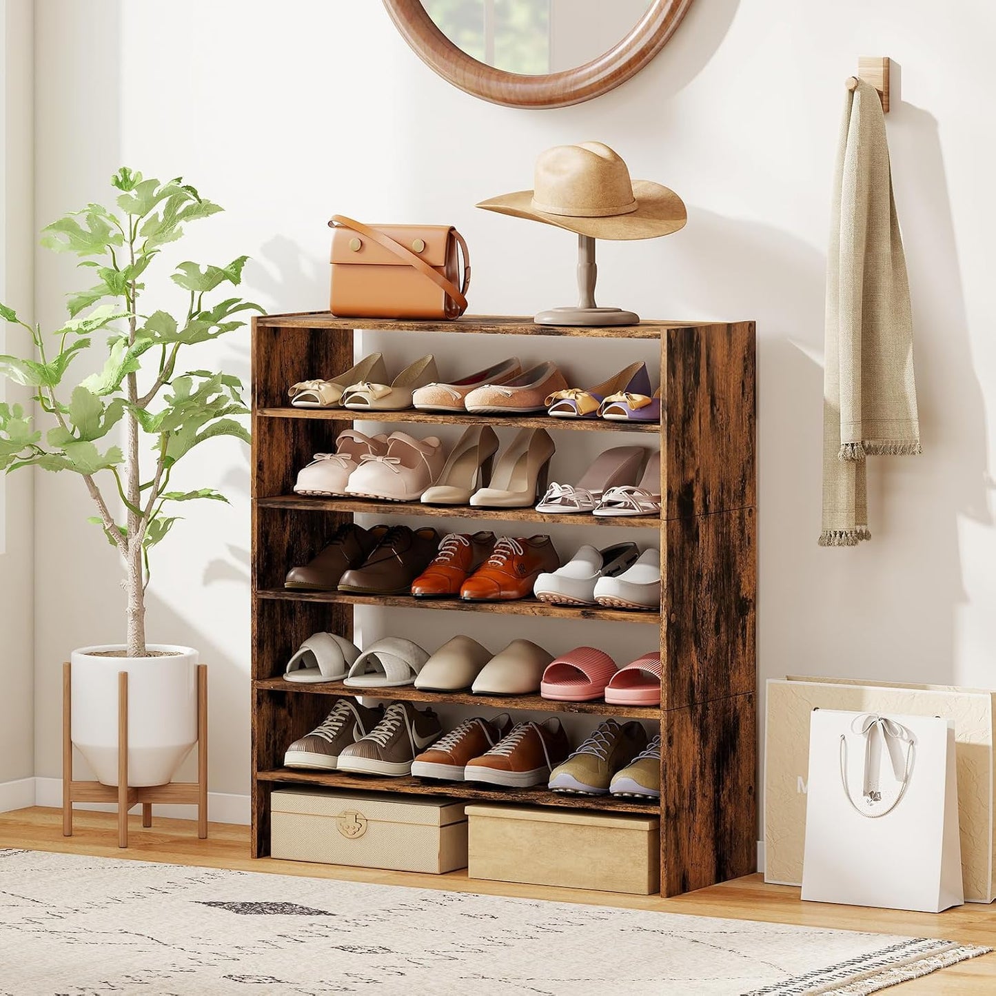 COSTWAY 6-Tier Shoe Rack, Extra Wide Shoe Shelf Organizer with Stackable Design, 31" Freestanding Adjustable Storage Shoe Stand for Small Space Entryway Hallway Closet (1,Black)