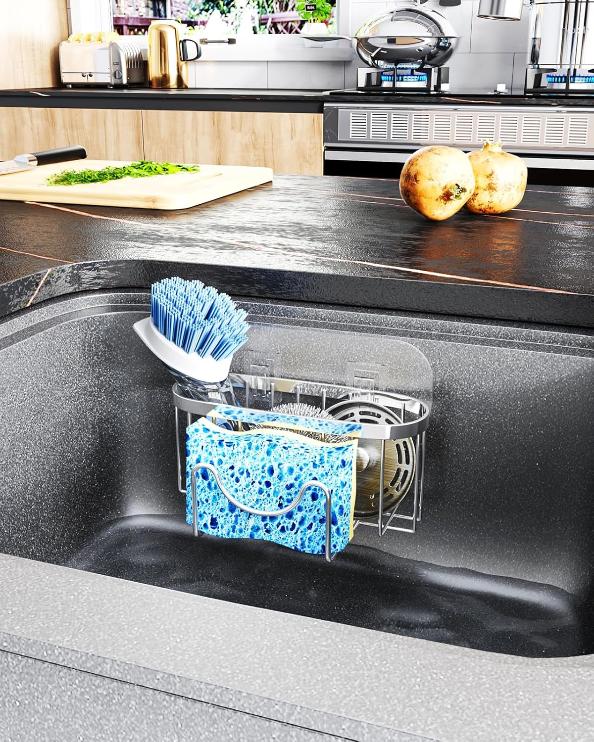 HapiRm Multifunctional Sponge Holder with Unique M-Shaped, 2 Installation Methods Kitchen Sink Caddy Organizer, Rustproof Stainless Steel Kitchen Organizers and Storage Essentials - Black