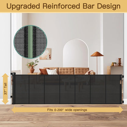 Reinforced 55" Wide Retractable Baby Gates with Reinforced Strips, Indoor/Outdoor Retractable Dog Gate for Doorway Prevent Bottom Drilling Through, No Bottom Bar Safety Mesh Baby Gate for Stair, Black