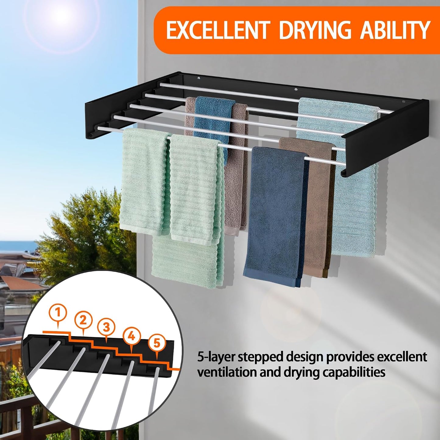 FOCHIER F Laundry Drying Rack Wall Mounted Clothes Drying Rack Collapsible with 5 Aluminum Rods and Drilling Template Long Screwdriver Bit 60 lbs Capacity (White, 31.5")