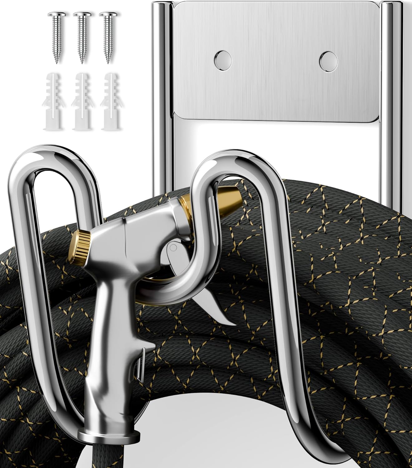 Garden Hose Holder Wall Mount - SS304 Stainless Steel Water Hose Hanger Heavy Duty Rack for Extension Cords Vacuum Hose Outside Silver (1 Pack)