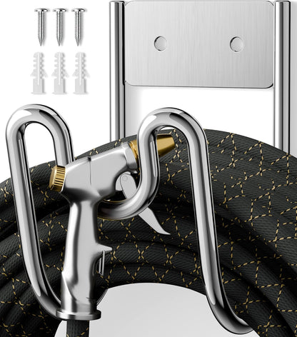 Garden Hose Holder Wall Mount - SS304 Stainless Steel Water Hose Hanger Heavy Duty Rack for Extension Cords Vacuum Hose Outside Silver (1 Pack)