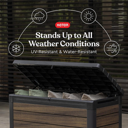 Keter Signature Everwood 30 Gallon Resin Outdoor Storage Box and Patio Furniture Side Table for Pool and Garden Accessories, Walnut