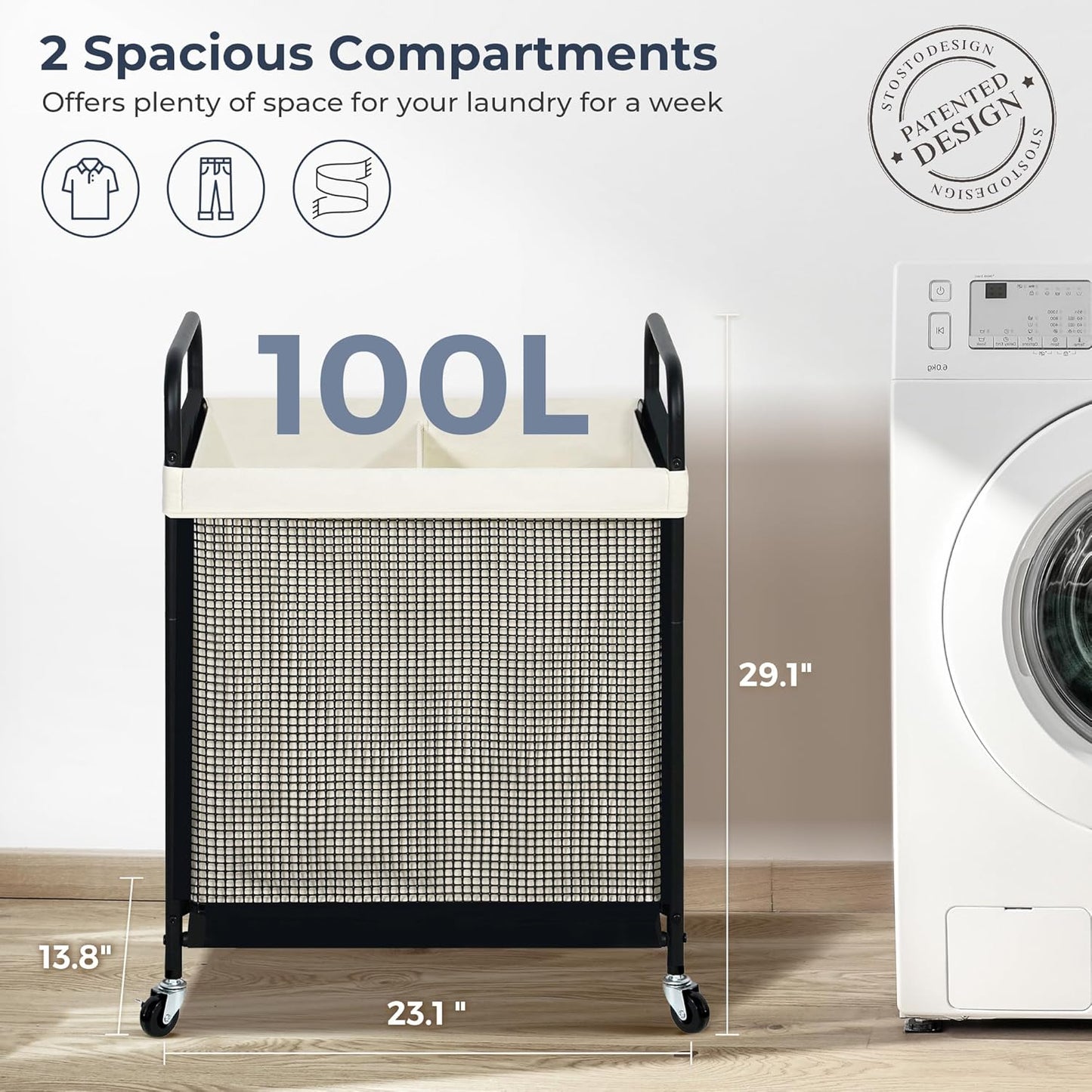 STO STO Laundry Hamper 3 Section, 120L Rolling Laundry Sorter Cart with Removable and Washable Liner Bag, Clothes Hamper with Wheels and Metal Handle for Laundry Room and Bedroom