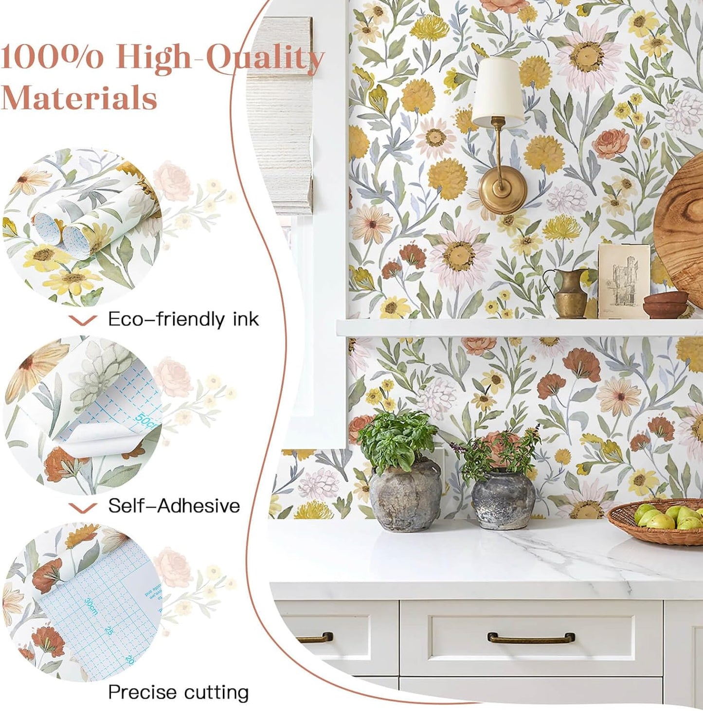 Dimoon 17.3''x78.7'' Peel and Stick Wallpaper Floral Cute Contact Paper Vintage Village Country Cottage Wallpaper Farmhouse Yellow Beige Renter Friendly Geometry Waterproof Embossed Kitchen Bedroom