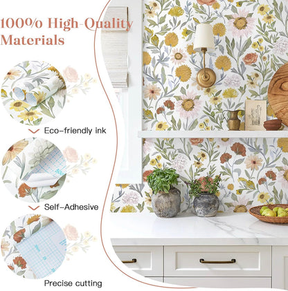 Dimoon 17.3''x78.7'' Peel and Stick Wallpaper Floral Cute Contact Paper Vintage Village Country Cottage Wallpaper Farmhouse Yellow Beige Renter Friendly Geometry Waterproof Embossed Kitchen Bedroom