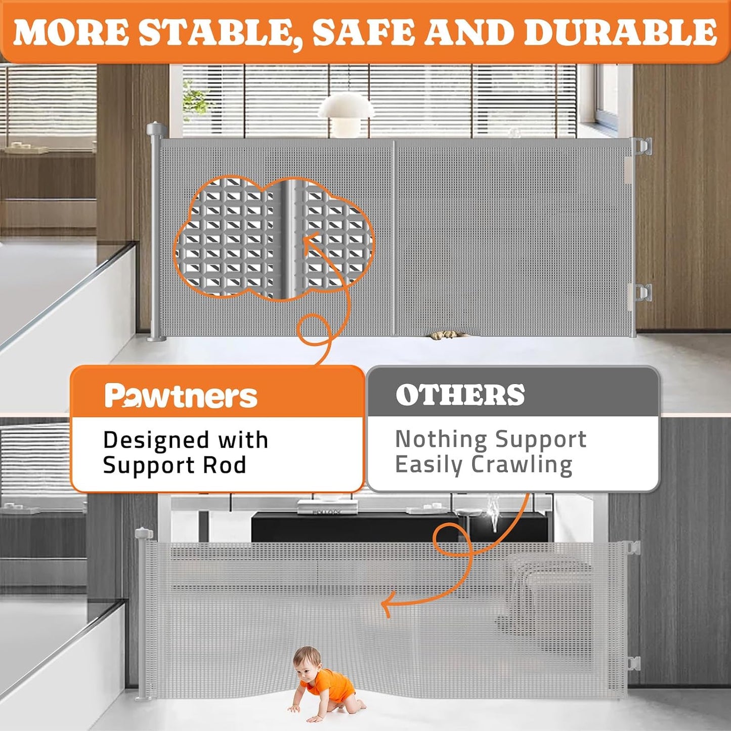 Pawtners Retractable Baby Gates Extra Wide, 41" Tall Extends up to 71" Wide, Dog Gate Indoor for Stairs, Pet Gate with Support Rods for Doorways Hallways Indoor & Outdoor-Black