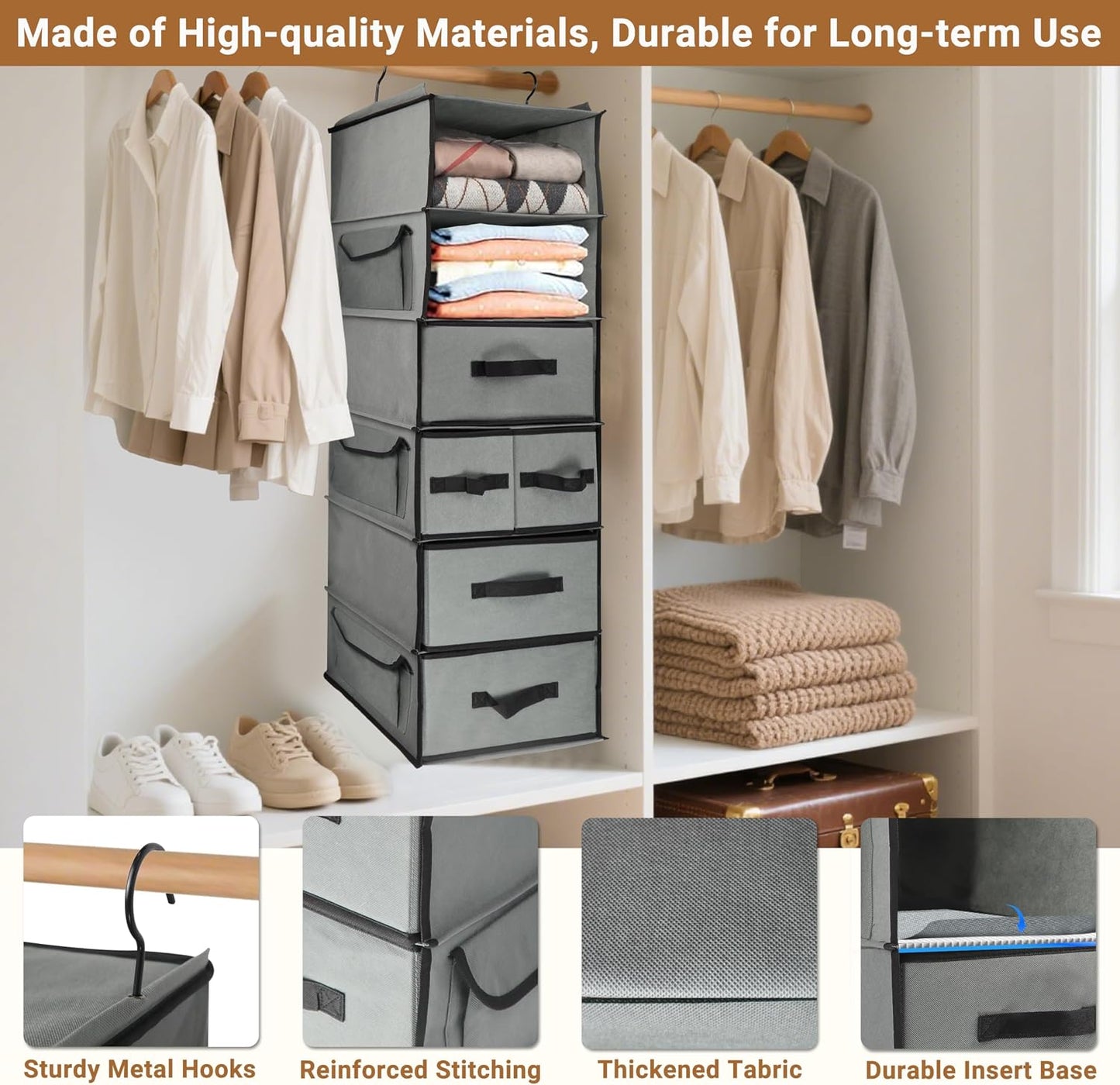 2-in-1 Durable 6-Tier Hanging Closet Organizer with 4 Removable Drawers,2 Separable 3-Tier Thickened Fabric Hanging Shelf Clothes Storage Organization Space-saving for Bedroom,Dorm,Guestroom,RV,Travel
