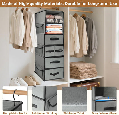 2-in-1 Durable 6-Tier Hanging Closet Organizer with 4 Removable Drawers,2 Separable 3-Tier Thickened Fabric Hanging Shelf Clothes Storage Organization Space-saving for Bedroom,Dorm,Guestroom,RV,Travel