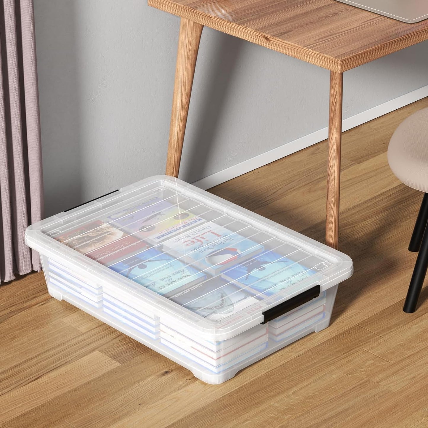40 Quart Plastic Clear Underbed Storage Bin with Wheels, 3 Packs | Stackable Large Flat Under Bed Organization Boxes with Lids