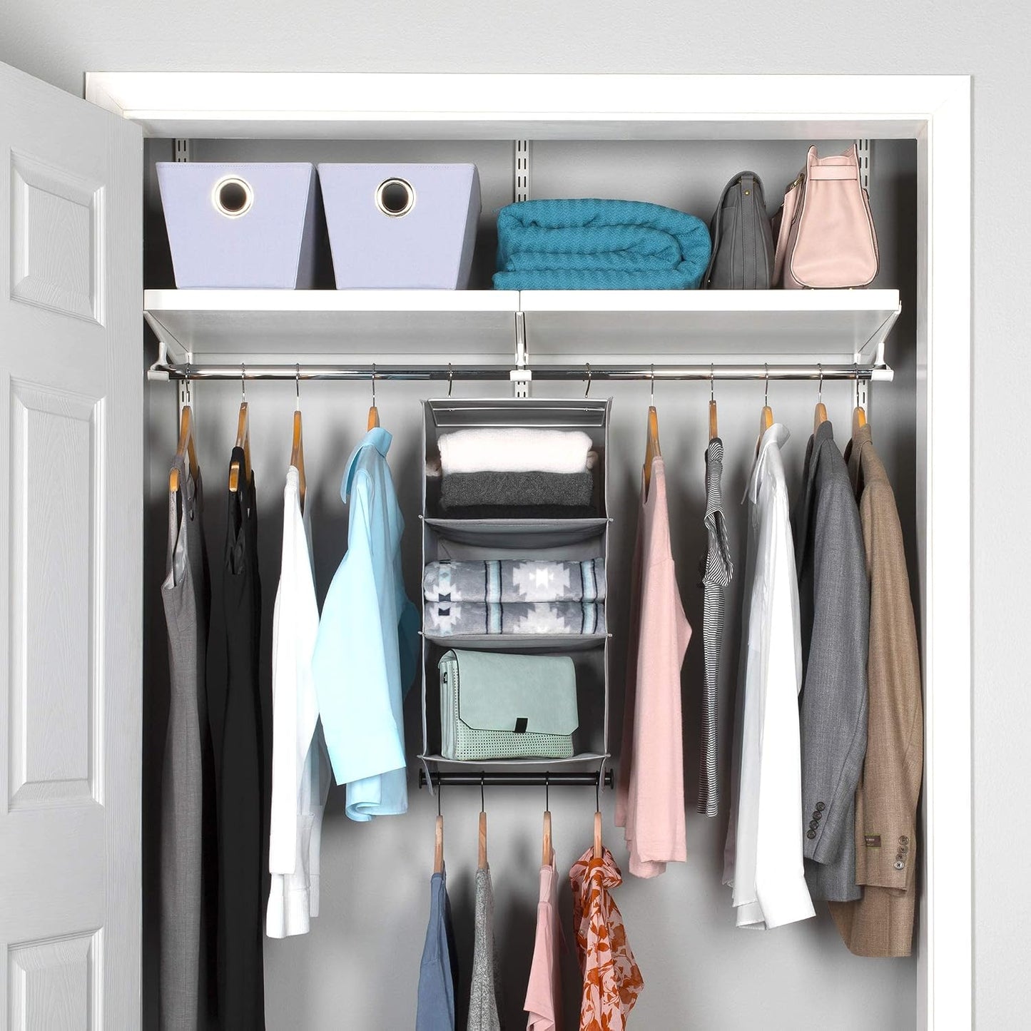 HOLDN’ STORAGE Hanging Closet Organizer with Garment Rod – Heavy Duty 4-Shelf Hanging Shelves for Clothes, Sweaters & Shoes, Reinforced 600D Fabric Storage Unit with Built-in Clothing Rod, Grey