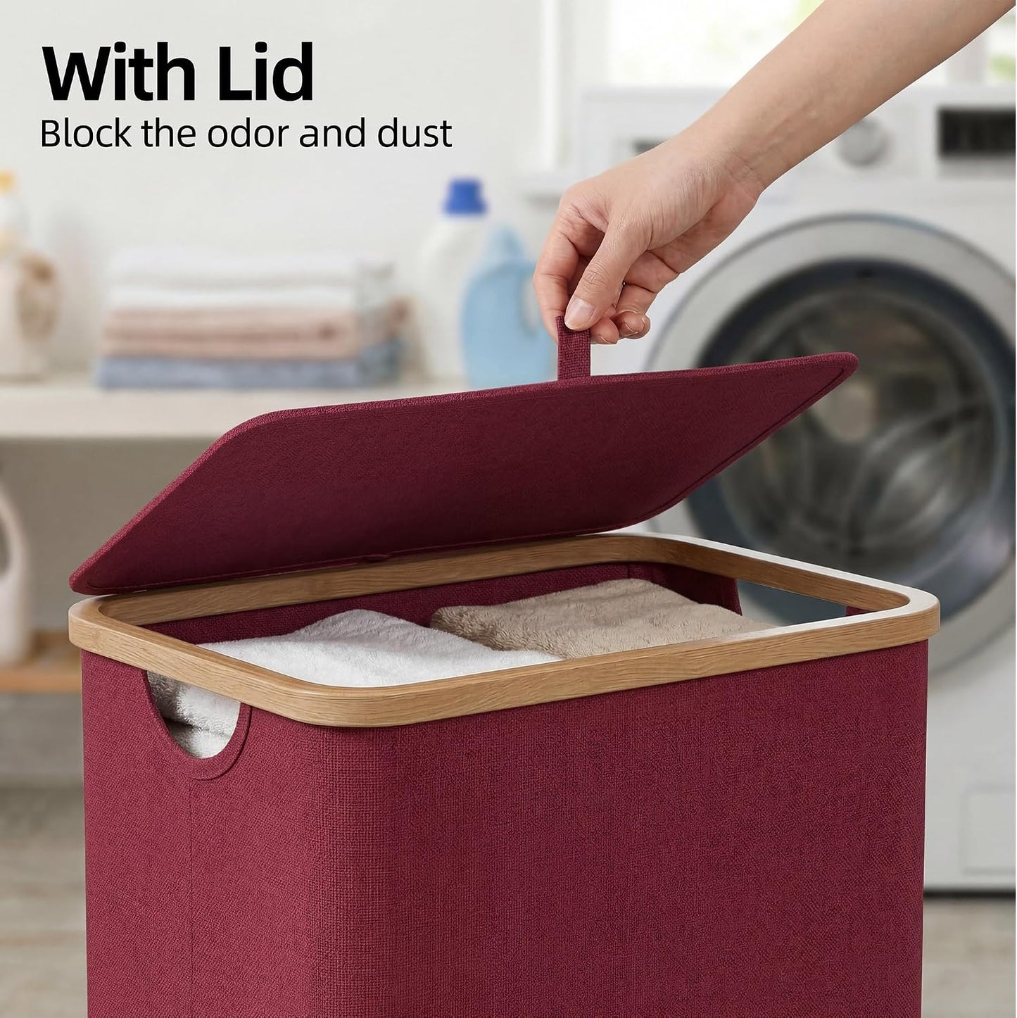 efluky Slim Laundry Basket with Lid, Narrow Laundry Hamper with Removable Bag, Skinny Dirty Clothes Basket with Bamboo Handles for Bathroom, Bedroom & Laundry Room, 75L Beige