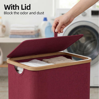 efluky Slim Laundry Basket with Lid, Narrow Laundry Hamper with Removable Bag, Skinny Dirty Clothes Basket with Bamboo Handles for Bathroom, Bedroom & Laundry Room, 75L Beige