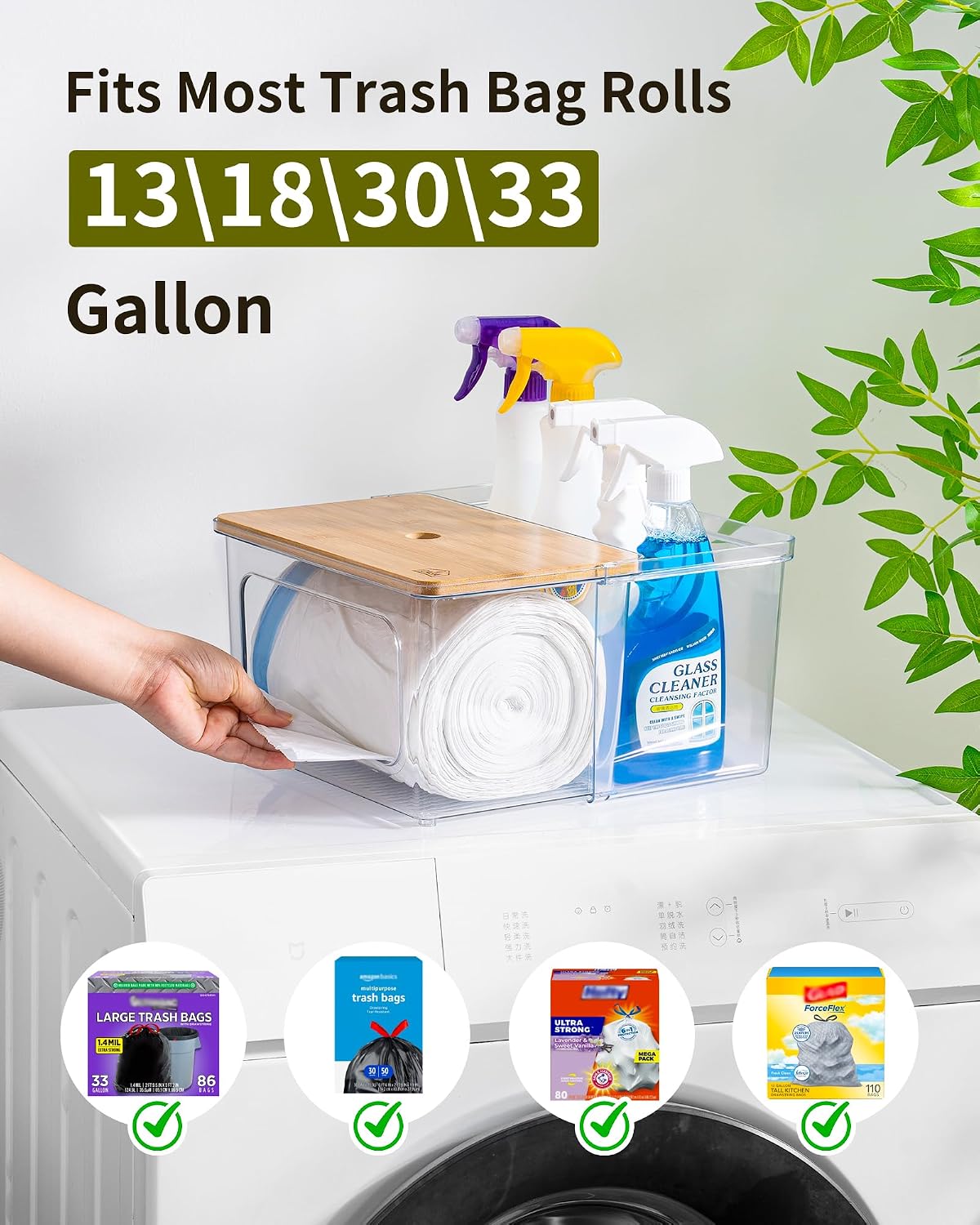 iCASA Trash Bag and Dishwasher Pod Dispenser - 3 in 1 Clear Storage Bins Holder for 13/30/33 Gallon Garbage Bags, Laundry Detergent Pods & Tabs, Under Sink Organizer for Kitchen and Laundry Room