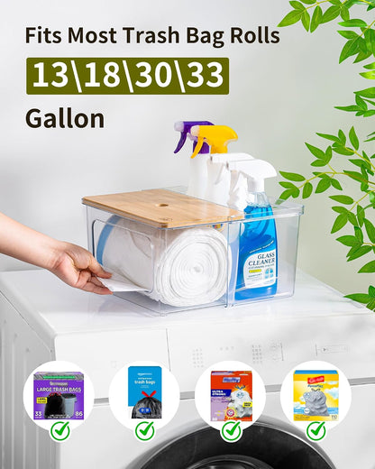 iCASA Trash Bag and Dishwasher Pod Dispenser - 3 in 1 Clear Storage Bins Holder for 13/30/33 Gallon Garbage Bags, Laundry Detergent Pods & Tabs, Under Sink Organizer for Kitchen and Laundry Room