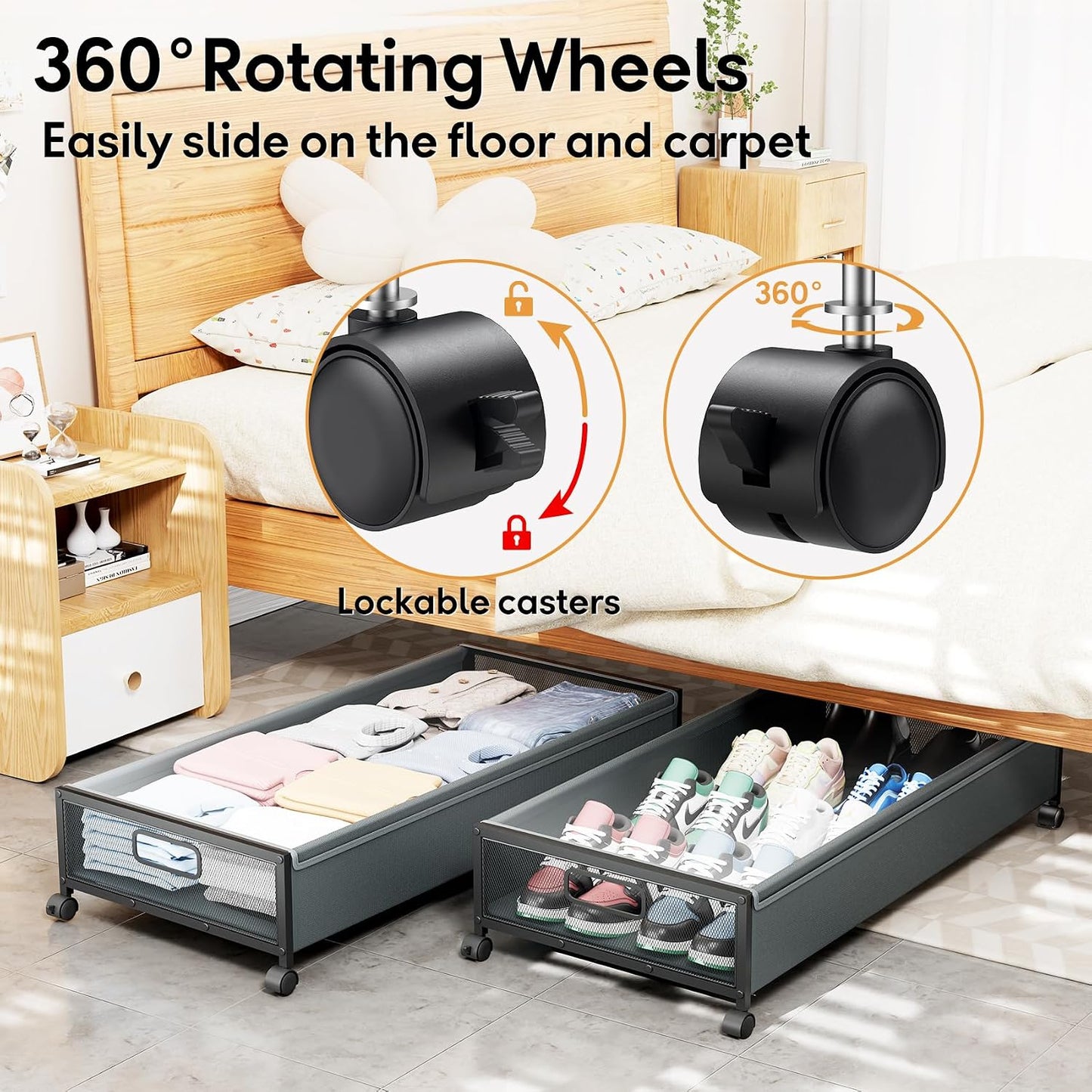 Under Bed Storage Containers with Wheels 2 Pack Underbed Shoe Storage Bedroom Storage Bins Organizer Large Capacity Under Bed Storage with Lid for Clothes Shoes Toys Blankets (Black)