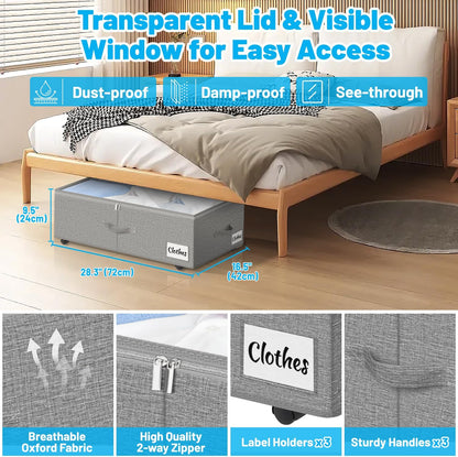 Under Bed Storage with Wheels, 2-Pack 10" Height XXL 75L Rolling Storage Bins, Quick Assembly Underbed Shoe Storage Containers with Clear Lid & Label, Dorm Under Bed Drawers for Clothes, Shoes, Black