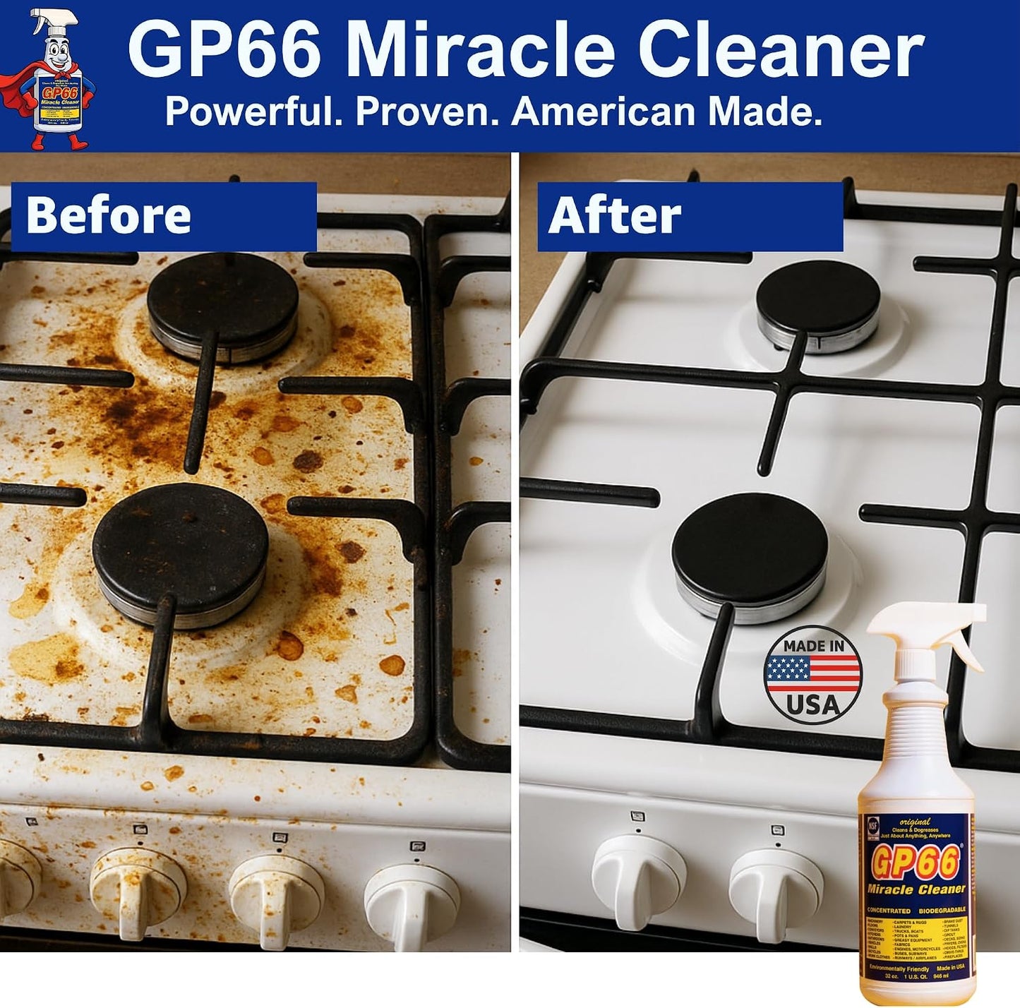 GP66 Green Miracle Cleaner Super Size (32 oz) – Powerful American Made All-Purpose Cleaner, Heavy Duty Concentrated Formula Cleans Kitchens, Bathrooms, Laundry, Ovens, Floors, Engines & More