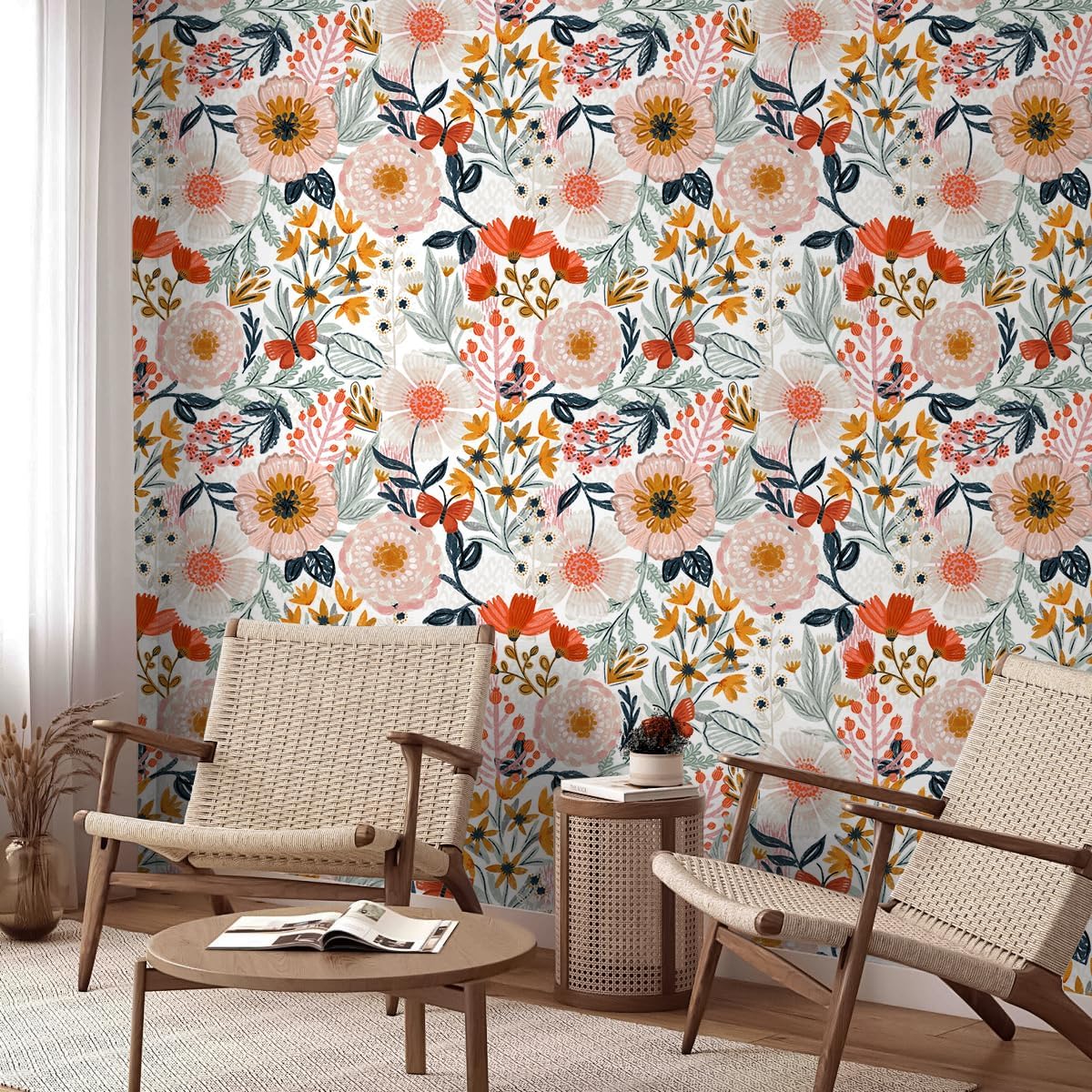 HAOKHOME Boho Peel and Stick Wallpaper Floral Wall Paper Removable for Bedroom Navy/Pink/Orange Contact Paper 17.7in x 9.8ft