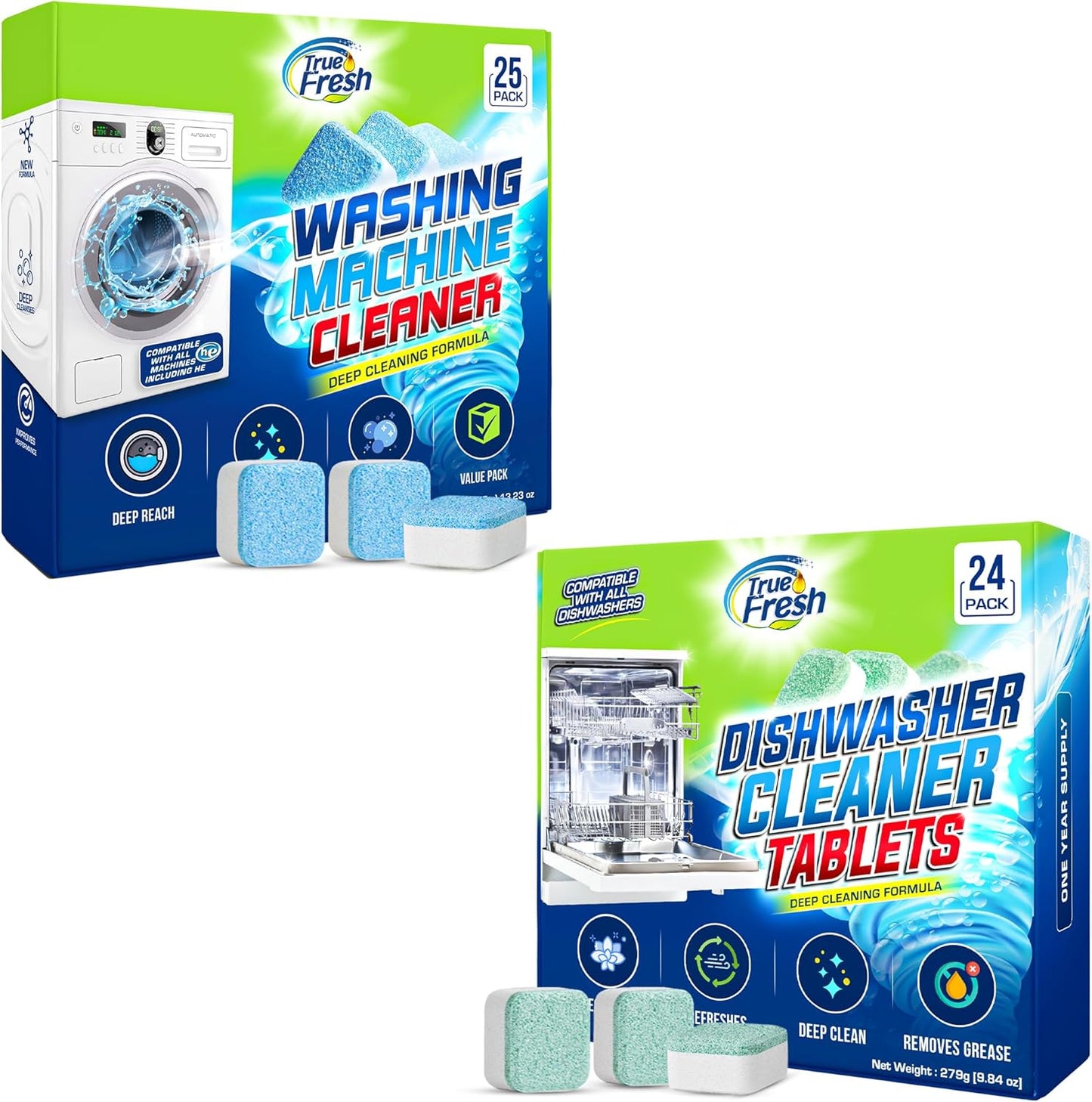 Washing Machine & Dishwasher Cleaner Tablets - 48-Pack Bundle Compatible with Front Loader Top Loader & He Machines and all Dishwashers Removes Buildup Lime Scales and residues - Septic Safe
