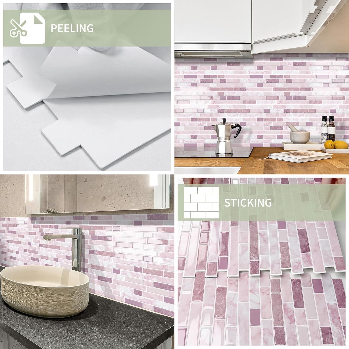 10 Sheets Thick Peel and Stick Kitchen Backsplash Tiles | 3D Waterproof Self Adhesive Wall Tile Stick on Backsplash for Kitchen,Bathroom and Fireplace(Pink,12"×12")