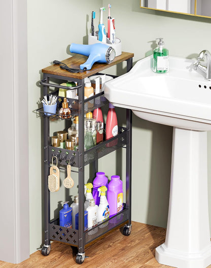 OKZEST Slim Laundry Room Organization Cart with Detergent Dispenser Holder | 4-Tier narrow rolling cart for small space, Holds tall bottles, Upgraded metal hub casters, Premium wood & metal mesh shelves