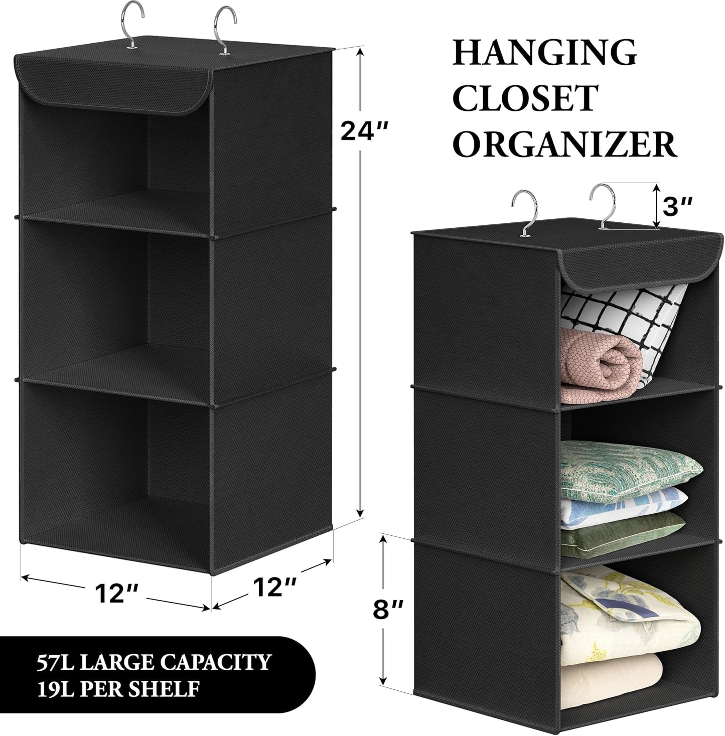 Simple Houseware 3-Shelf Hanging Closet Organizer, Fabric Storage Shelves with 57L Capacity, Black