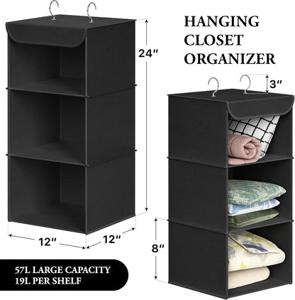 Simple Houseware 3-Shelf Hanging Closet Organizer, Fabric Storage Shelves with 57L Capacity, Black