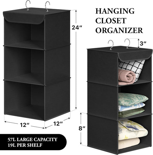Simple Houseware 3-Shelf Hanging Closet Organizer, Fabric Storage Shelves with 57L Capacity, Black