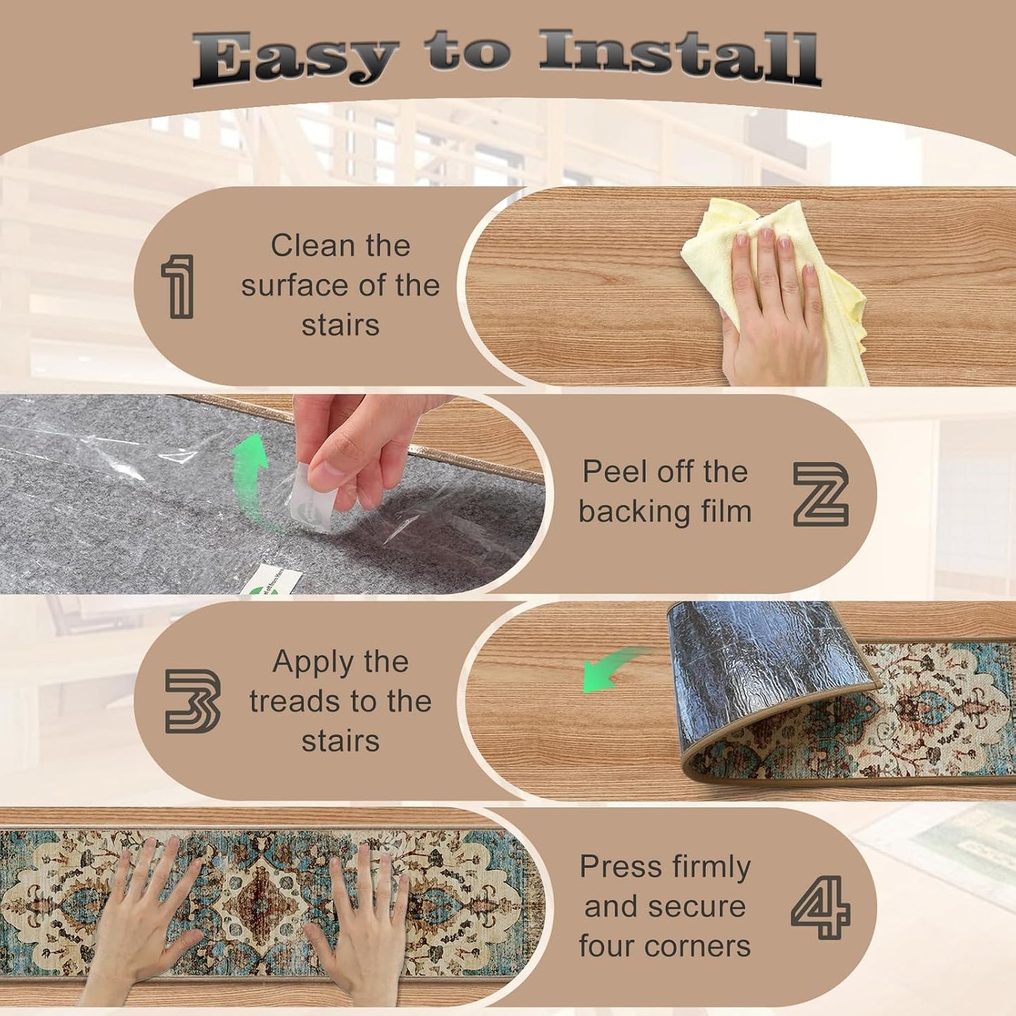 Non Slip Stair Treads for Wooden Steps, 15 Pack 8"x30" Washable Carpet | 8x30 in soft chenille polyester stair treads with reusable TPE backing for indoor wood stairs, dogs, kids, and seniors