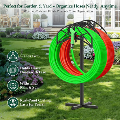 WellSign Garden Water Hose Holder Freestanding or Wall Mount, Metal Heavy Duty Hose Hanger Storage Stand Holds 2 Pcs 160Ft Hose for Outside Yard Lawn Farm with 90° Rotatable Hook for Storing Faucets