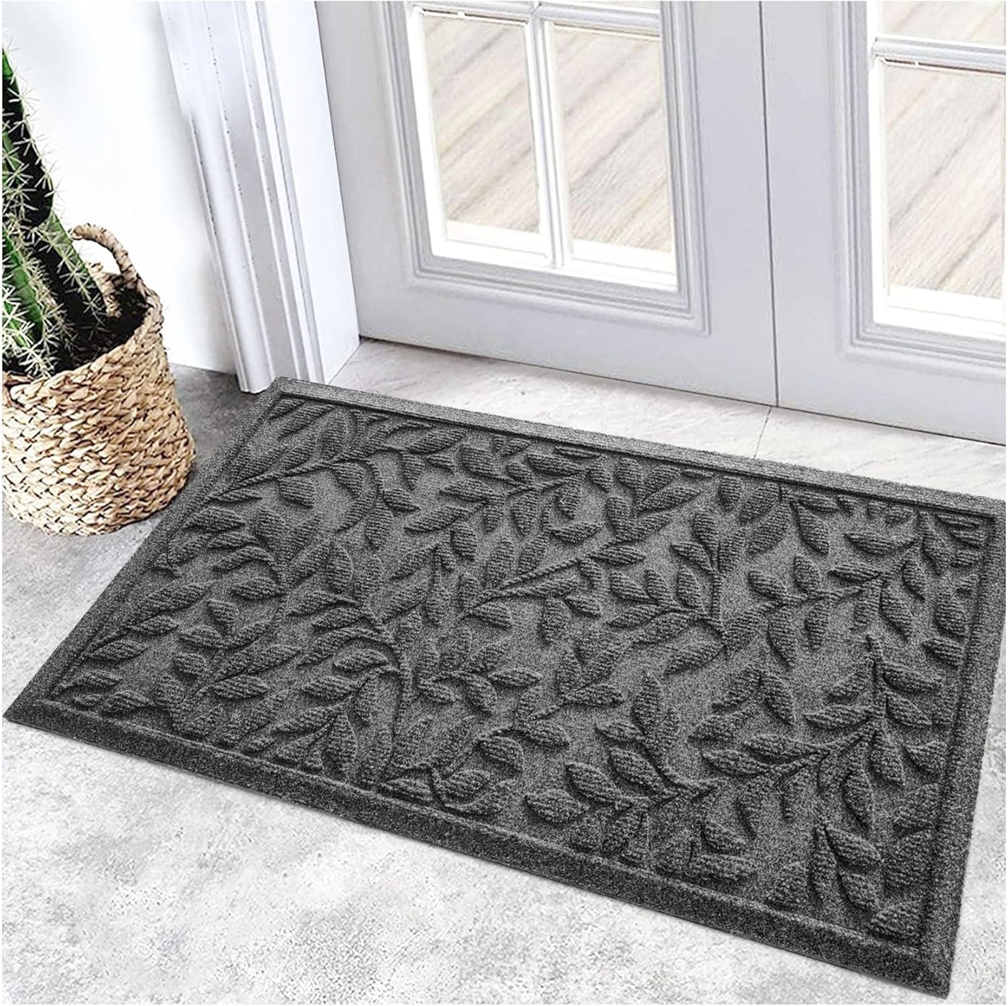 Bulijojo Sturdy Front Entrance Doormats,Durable Heavy Duty Welcome Mat,Thick Absorbent Natural Rubber Non Slip Mat,Easy Clean Entryway Mat 17x30 Inch Leaves Green