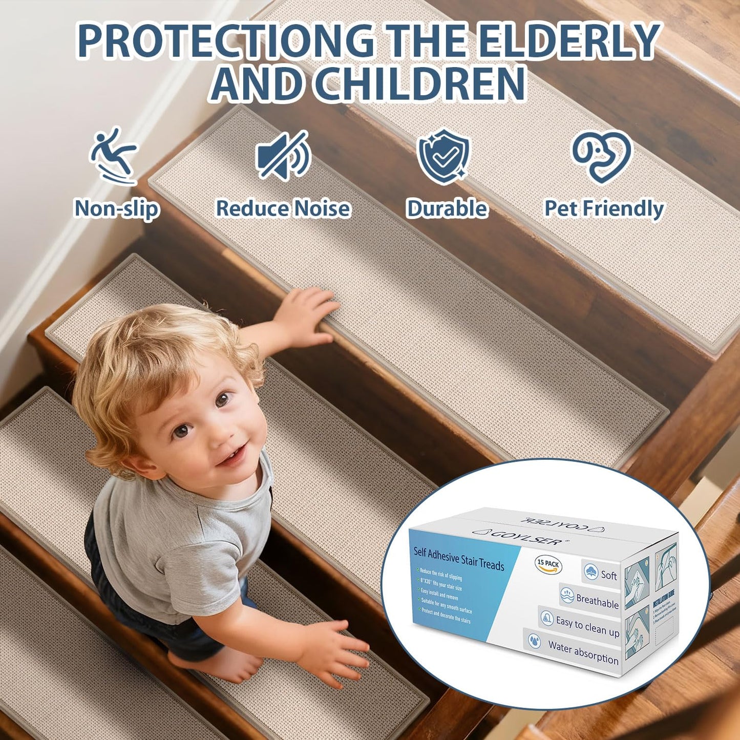 Peel and Stick Carpet Stair Treads for Wooden Steps Set of 15, Non Slip Adhesive Jute Stair Mats Indoor, Rubber Backing Safety Step Pads Mats, Grey, 8"x30"