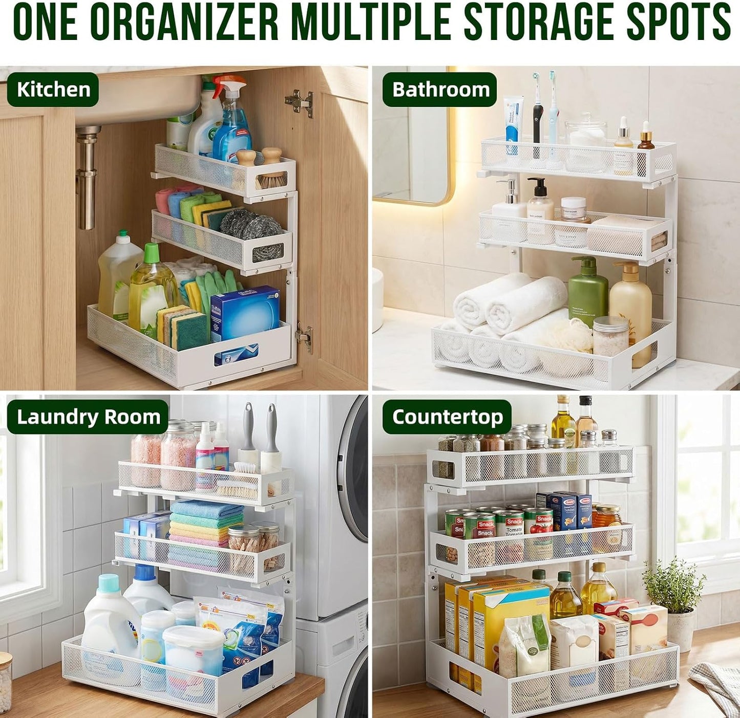 3 Tier Under Sink Organizer,2 Pack Pull Out Cabinet Shelves with Adjustable Height,Heavy Duty Carbon Steel L-Shaped Storage for Kitchen Bathroom Sink,Pantry & Laundry,White