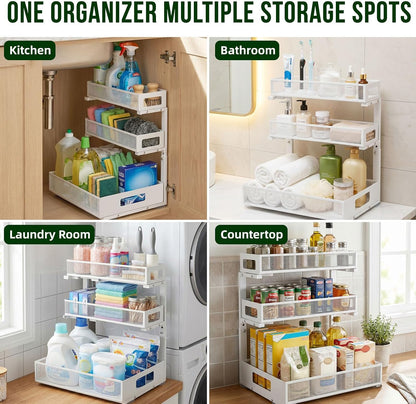 3 Tier Under Sink Organizer,2 Pack Pull Out Cabinet Shelves with Adjustable Height,Heavy Duty Carbon Steel L-Shaped Storage for Kitchen Bathroom Sink,Pantry & Laundry,White
