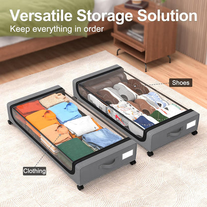 GoMaihe Under Bed Storage with Wheels: 48L Underbed Storage Containers with Lids - Rolling Bins for Shoes Clothes in Dorm Bedroom - Metal Drawers Easy Pull-out Grey 2-Pack