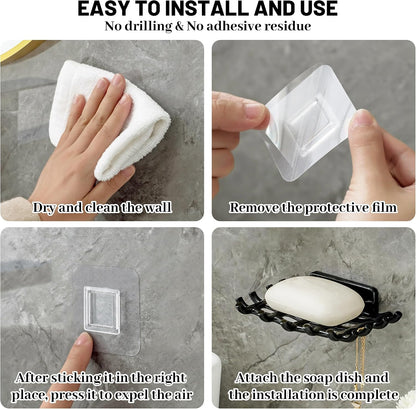 Shower Soap Holder for Wall, Adhesive Bar Soap Dish with Self Draining Grid, Side Hooks and No Drilling Mount, Black, 2 Pack