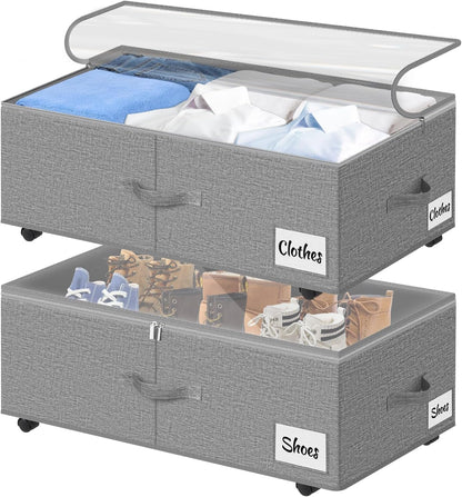 Under Bed Storage with Wheels, 2-Pack 10" Height XXL 75L Rolling Storage Bins, Quick Assembly Underbed Shoe Storage Containers with Clear Lid & Label, Dorm Under Bed Drawers for Clothes, Shoes, Black