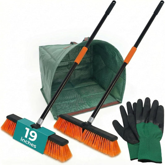 HELOMOR 2-Pack 19” Outdoor Push Brooms with 62” Long Handles – Heavy Duty Brooms for Driveway, Deck, Garage & Patio, Includes Dustpan Bin and Work Gloves