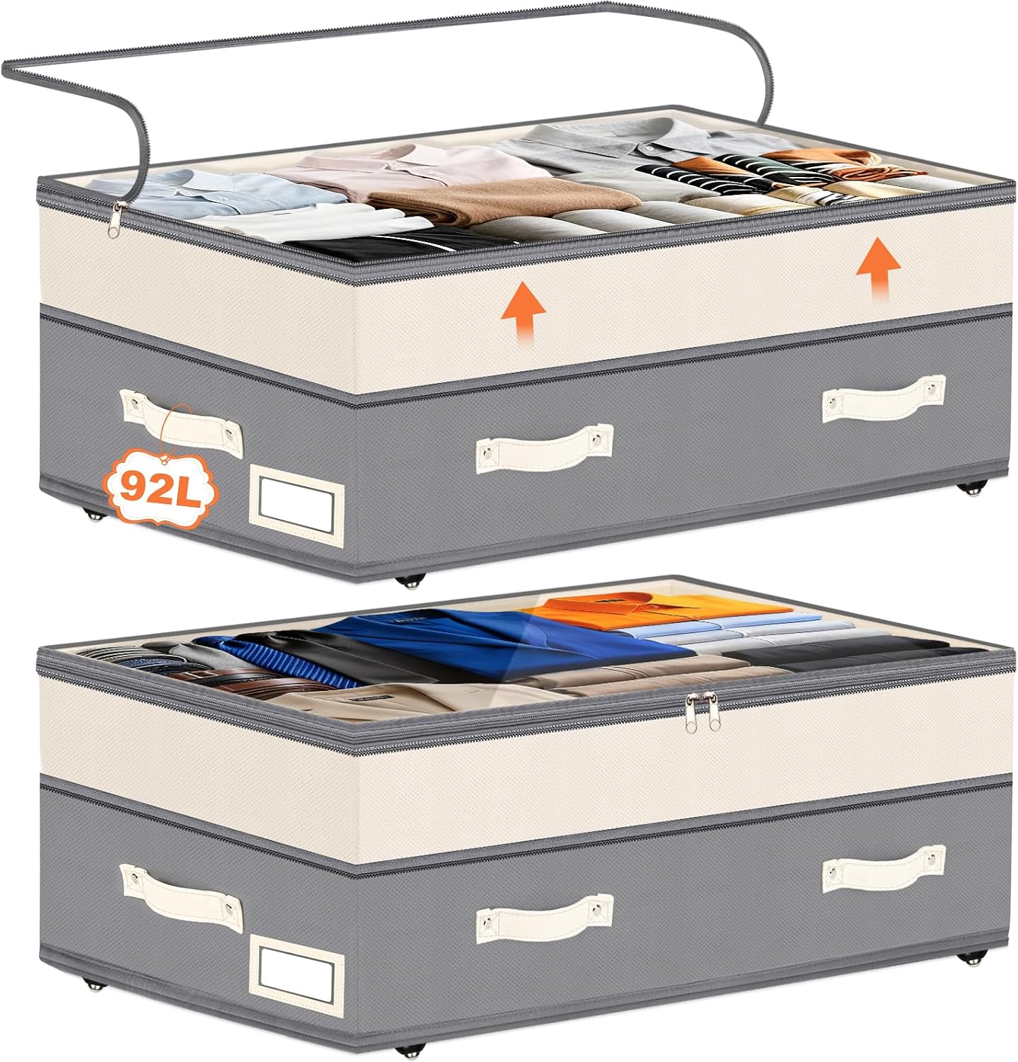 Dolicer 2 Pack Under Bed Storage with Wheels, 6in-10in Height Adjustable Underbed Storage Containers, 92L XXXL Under Bed Drawers Rolling Bin with Clear Lids for Dorm Shoes Clothes Organizers(Grey)